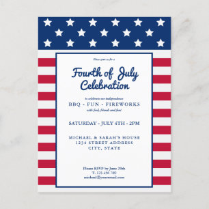 Invitation Carte Postale 4 juillet moderne rouge blanc et bleu