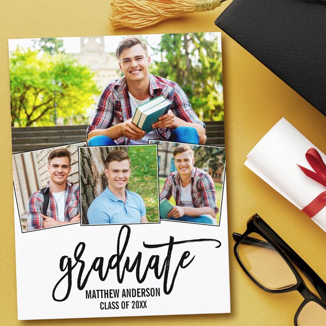 Invitation Carte Postale 4 Photo Moderne Brosse Script Graduation Party (Customize to change your personalized text size or text style.)