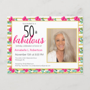 Invitation Carte Postale 50 et fabuleux anniversaire Gold Pink Floral