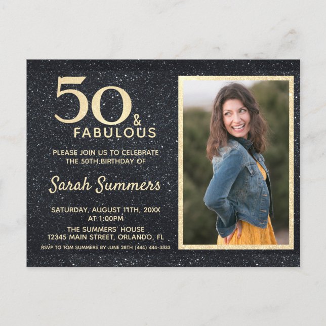 Invitation Carte Postale 50 et Fabulous Black Gold Parties scintillant Anni (Devant)