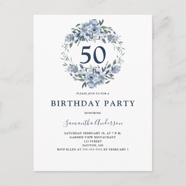 Invitation Carte Postale 50e anniversaire Aquarelle bleue florale (Devant)