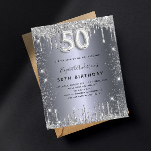 Invitation Carte Postale 50e anniversaire argent métal parties scintillant 
