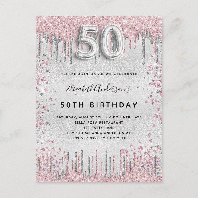 Invitation Carte Postale 50e anniversaire argent rose parties scintillant p (Devant)
