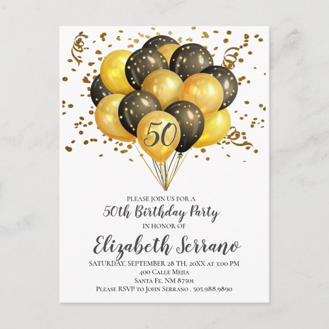 Invitation Carte Postale 50e anniversaire de fête Gold & Black Balloons Con (Devant)