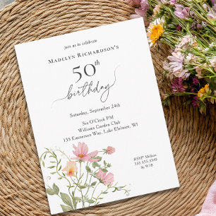 Invitation Carte Postale 50e anniversaire Féminin Aquarelle Fleur sauvage