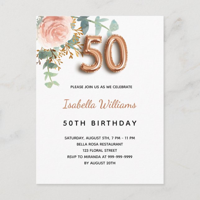 Invitation Carte Postale 50e anniversaire fleurie rose or eucalyptus vert (Devant)