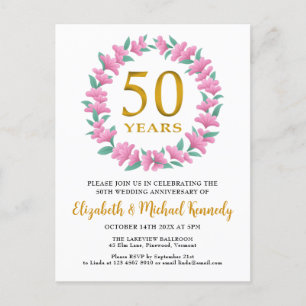 Invitation Carte Postale 50e anniversaire Golden Floral Wreath