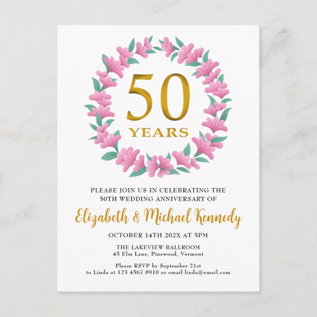 Invitation Carte Postale 50e anniversaire Golden Floral Wreath (Devant)