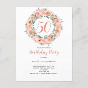 Invitation Carte Postale 50e Anniversaire Pêche Aquarelle Florale