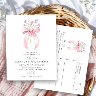 Invitation Carte Postale 50e fête d'anniversaire Blush Pink Bow Fleur sauva