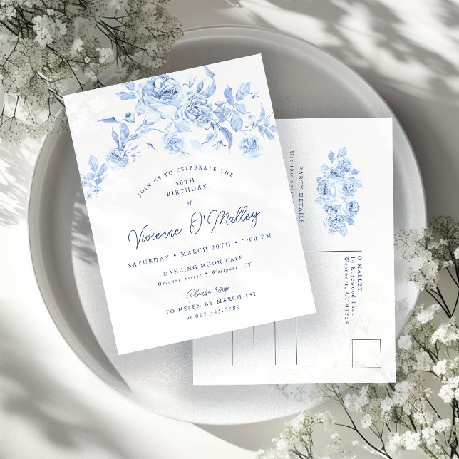 Invitation Carte Postale 50e fête d'anniversaire Dusty Blue Rose Floral (Créateur téléchargé)