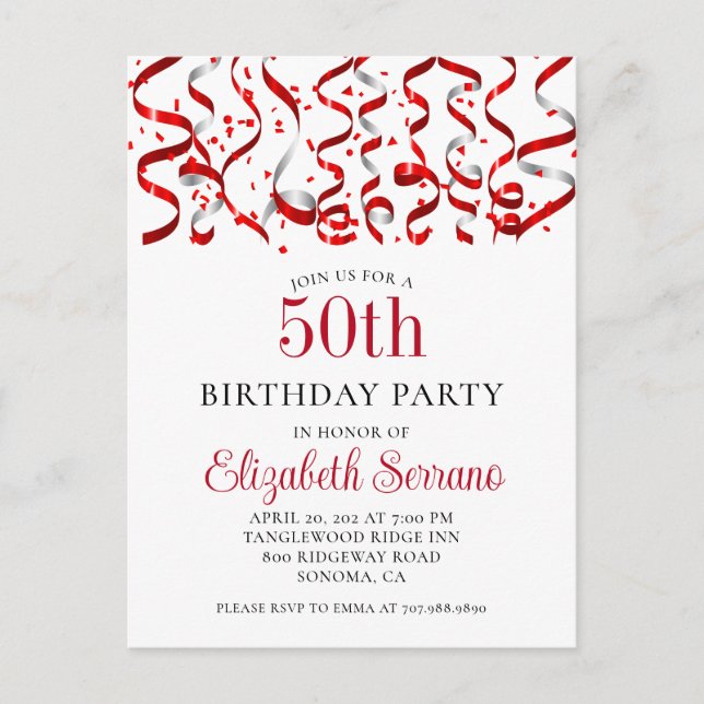 Invitation Carte Postale 50e fête d'anniversaire Red Streamers Confetti (Devant)