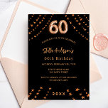 Invitation Carte Postale 60e anniversaire noir rose or étoiles élégant<br><div class="desc">Pour un 60ème anniversaire élégant. Un arrière - plan noir. Décoré d'étoiles dorées roses. Personnalisez et ajoutez un nom,  les détails de la fête,  l'année de naissance. Le nom est écrit avec un script de style manuscrit</div>