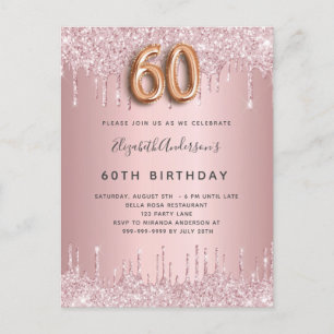 Invitation Carte Postale 60e anniversaire rose poussiéreux parties scintill