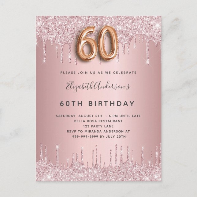 Invitation Carte Postale 60e anniversaire rose poussiéreux parties scintill (Devant)