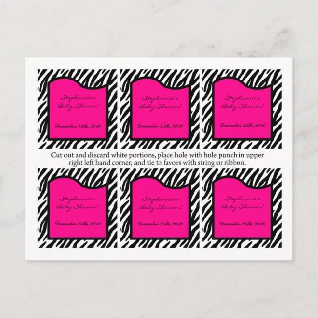 Invitation Carte Postale 6 Favoriser les étiquettes rose chaud Zèbre impres (Devant)