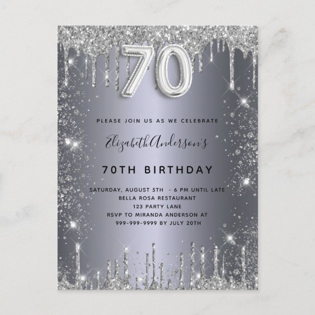 Invitation Carte Postale 70e anniversaire argent métal parties scintillant  (Devant)