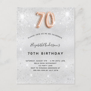 Invitation Carte Postale 70e anniversaire argent métal rose or parties scin