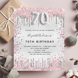 Invitation Carte Postale 70e anniversaire argent rose parties scintillant p