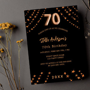 Invitation Carte Postale 70e anniversaire noir rose or étoiles élégant