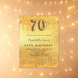 Invitation Carte Postale 70e anniversaire parties scintillant or gouttes