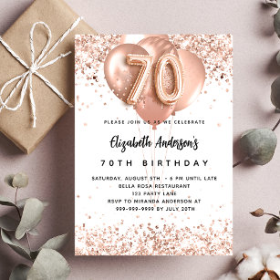 Invitation Carte Postale 70e anniversaire rose ballon d'or blanc éclat