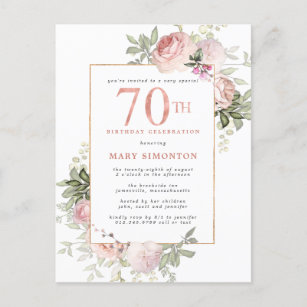 Invitation Carte Postale 70e anniversaire rose rose pâle Floral