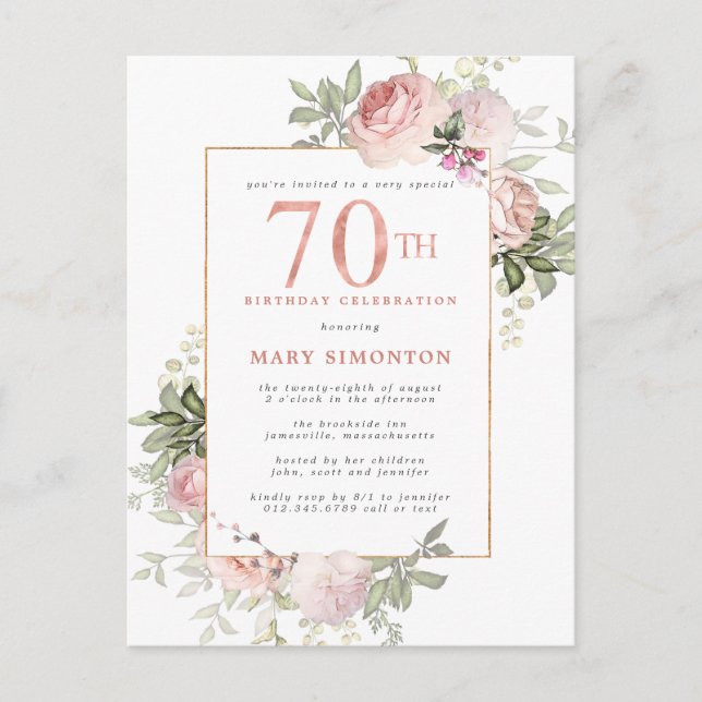 Invitation Carte Postale 70e anniversaire rose rose pâle Floral (Devant)