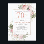 Invitation Carte Postale 70e anniversaire Surprise Party Rose rose Floral<br><div class="desc">Honorer une femme spéciale avec cette invitation élégante et féminine 70e anniversaire de fête. 70ème est écrit en gros texte rose. Suprise Birthday Party suit. Le nom de l'invité honoré est également en majuscules roses. Le reste du texte est doucement gris colombe. Les détails de la fête d'anniversaire sont entourés...</div>