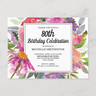 Invitation Carte Postale 80e anniversaire des femmes florales violettes ros