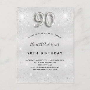 Invitation Carte Postale 90e anniversaire argent métal parties scintillant 