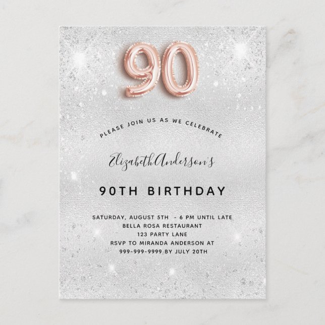 Invitation Carte Postale 90e anniversaire argent métal rose or parties scin (Devant)