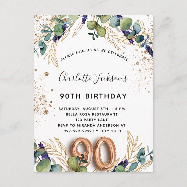 Invitation Carte Postale 90e anniversaire eucalyptus parties scintillant ve (Devant)
