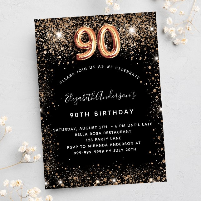 Invitation Carte Postale 90e anniversaire parties scintillant en or noir sc (Créateur téléchargé)