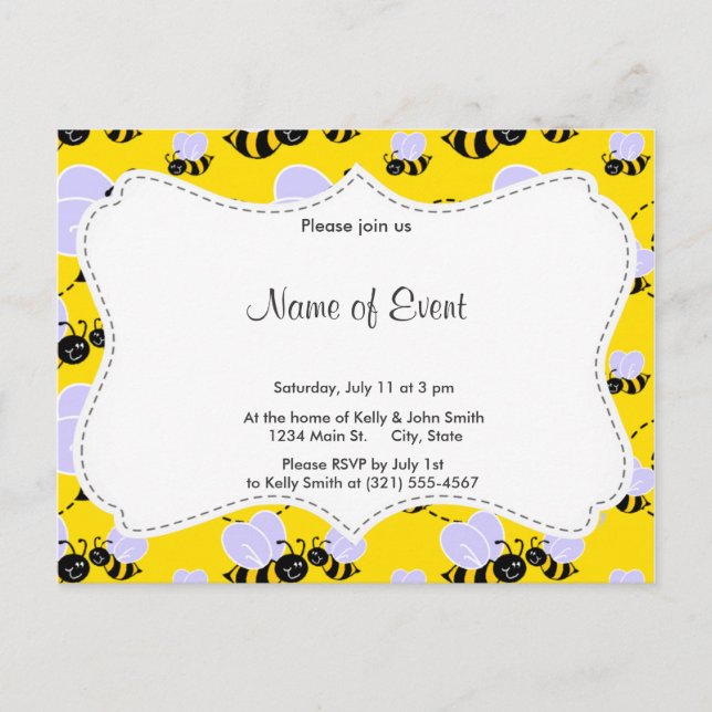 Invitation Carte Postale Abeille jaune et noire (Devant)