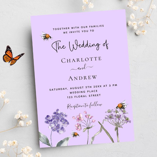 Invitation Carte Postale Abeille rose violet mariage fleur sauvage (Créateur téléchargé)