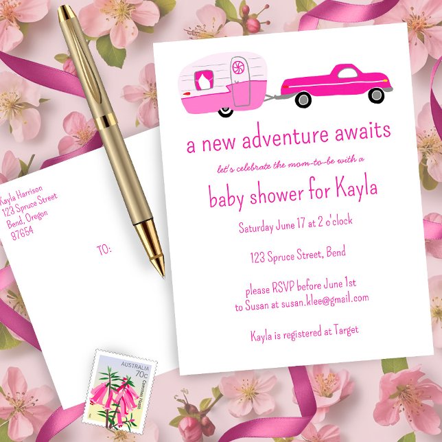 Invitation Carte Postale Adventure Attend un BABY SHOWER de camion et de re (Adventure Awaits Cute Pink Truck & Camp Trailer Custom BABY SHOWER Invitation Postcard Designer Card)