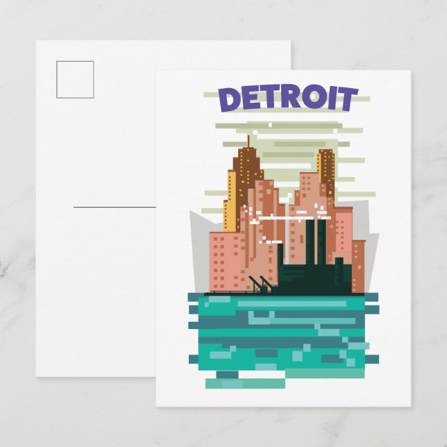 Invitation Carte Postale Affiche de voyage en skyline de Detroit City. (Devant / Derrière)