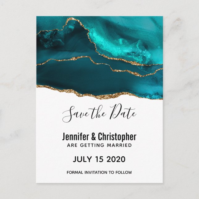 Invitation Carte Postale Agate moderne Turquoise or & blanc Enregistrer la  (Devant)