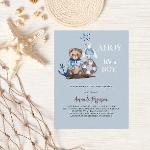 Invitation Carte Postale Ahoy c'est un garçon en peluche Baby shower marin