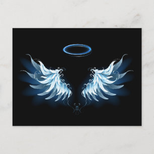 Invitation Carte Postale Ailes d'ange lumineuses bleues sur fond noir