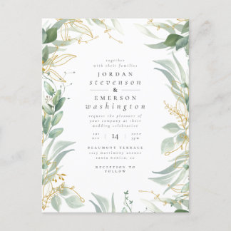 Invitation Carte Postale Ajouter votre photo | Aquarelle Vert & Mariage Or