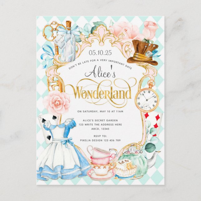 Invitation Carte Postale Alice merveilleland tea party fille anniversaire i (Devant)