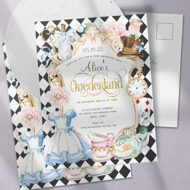 Invitation Carte Postale Alice Onederland tea party fille 1er anniversaire (Créateur téléchargé)