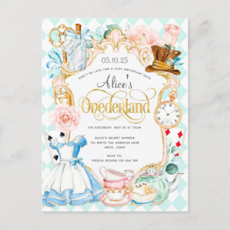 Invitation Carte Postale Alice Onederland tea party fille anniversaire invi
