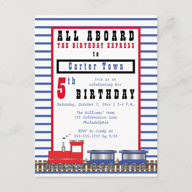 Invitation Carte Postale All Aboard 5th Birthday Express Choo Choo Train (Devant)