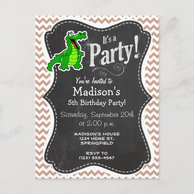 Invitation Carte Postale Alligator ; Brown Chevron (Devant)
