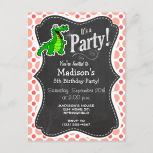 Invitation Carte Postale Alligator ; Pois roses et coraux
