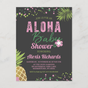 Invitation Carte Postale Aloha Baby rose Tropical Girl Baby shower foncé