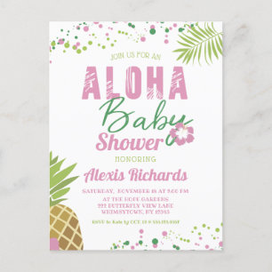 Invitation Carte Postale Aloha Bébé rose et vert Baby shower tropical fille